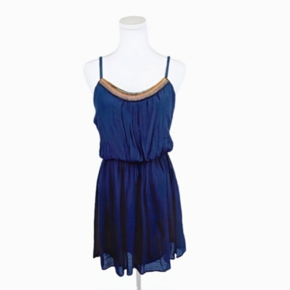 IZ Byer Navy Beaded Dress M Fit-and-Flare V-Neckline Adjustable Straps Mini - Picture 1 of 8